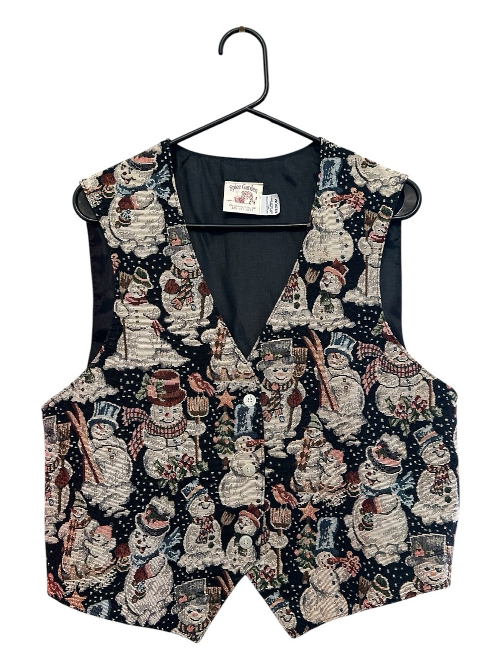 Vintage 90’s Spice Garden Black Snowman Patterned Tapestry Vest Size Medium
